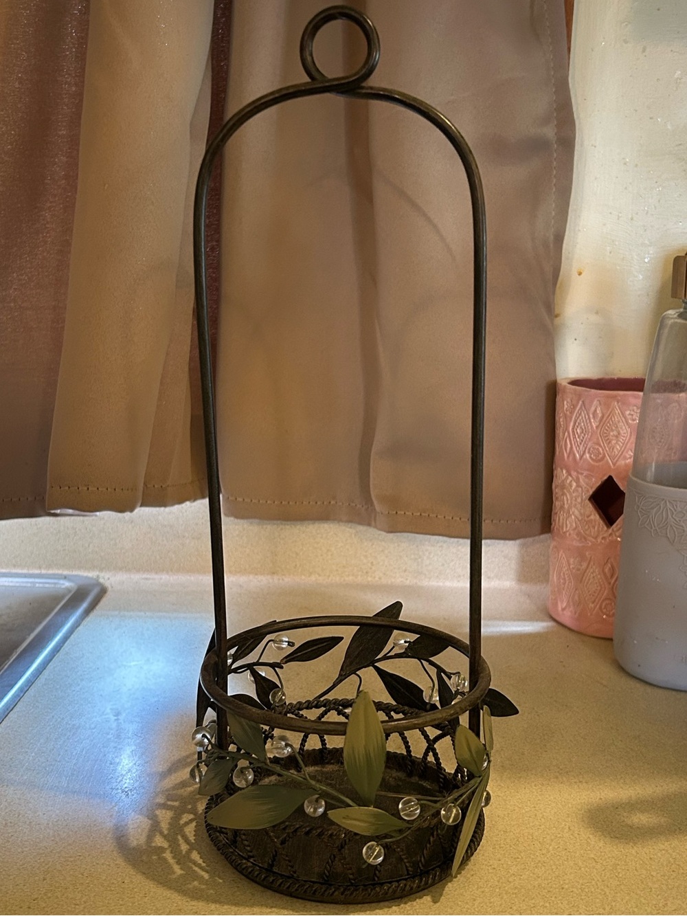 Decorative Metal Hanging Basket with Leaf Accents - Olive Green